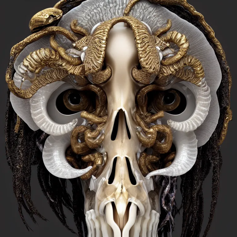 Image similar to goddess princess face close-up portrait ram skull. sculpture made of polished gold and matte obsidian. jellyfish phoenix head, nautilus, orchid, skull, betta fish, bioluminiscent creatures, intricate artwork by Tooth Wu and wlop and beeple. octane render, trending on artstation, greg rutkowski very coherent symmetrical artwork. cinematic, hyper realism, high detail, octane render, 8k