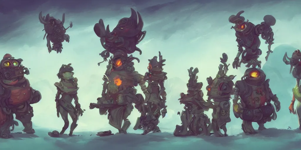 Prompt: Character concept art of a group of quirky outcast that are a crew on a small spaceship by Peter Mohrbacher