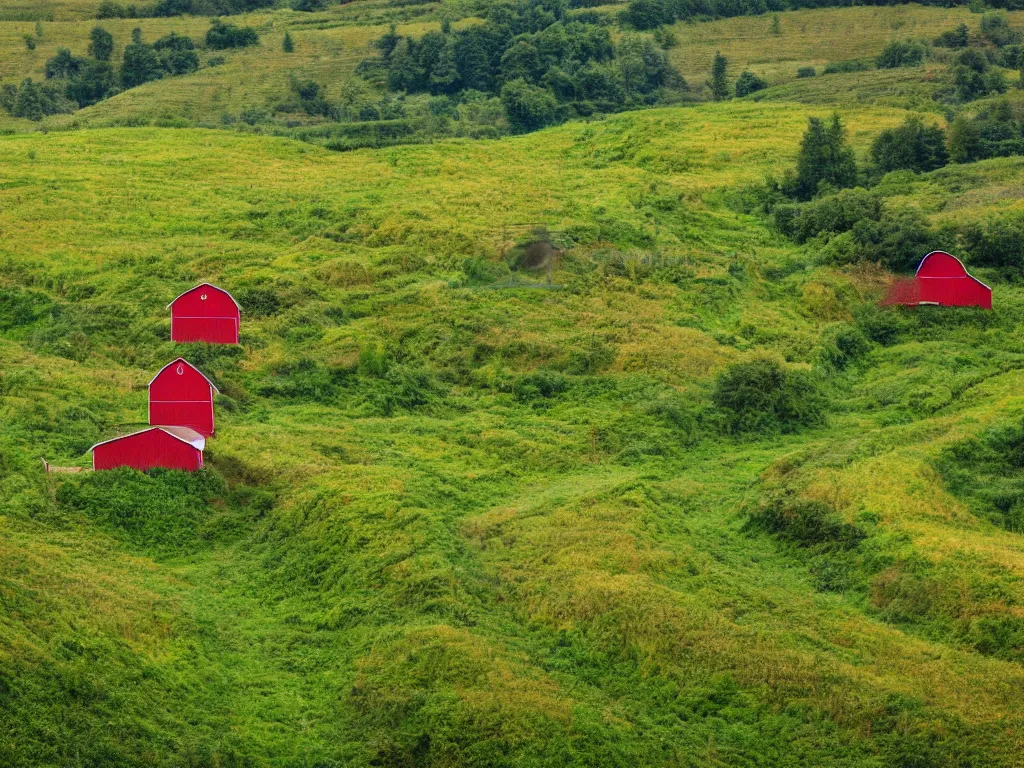 Image similar to Intricate detailed lush ravine with an isolated red barn next to a wheat crop at noon. Wide angle shot, surreal, Anato Finnstark.