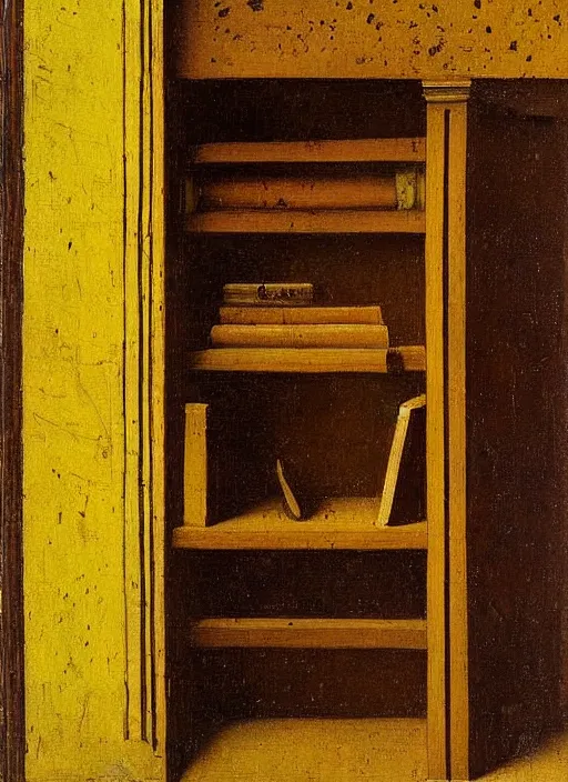 Prompt: bookshelf, medieval painting by jan van eyck, johannes vermeer, florence