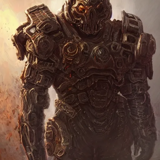 Image similar to fantasy art of doom guy, intricate, smooth detailed, marine armor, cgsociety, doom hell theme