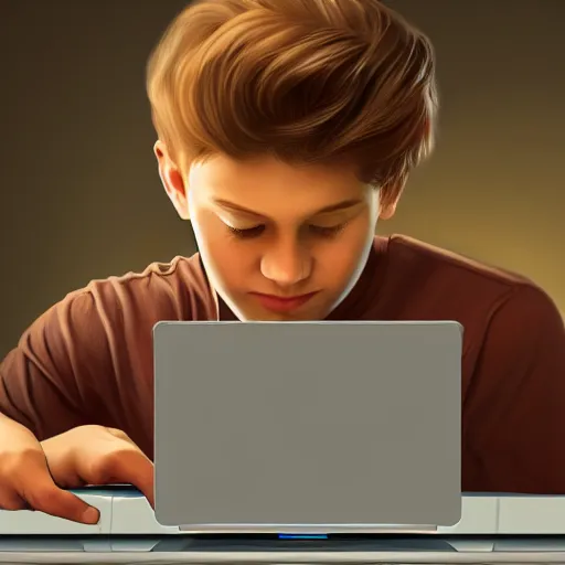 Image similar to realistic teenager using laptop in super tech room, artstation trends, concept art, highly detailed, intricate, sharp focus, digital art, 8 k