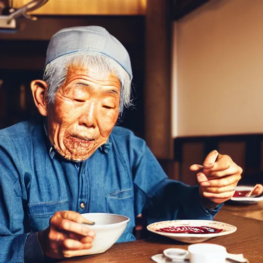 Image similar to an old japanese man eating ramen noodles in a restaurant, photorealistic