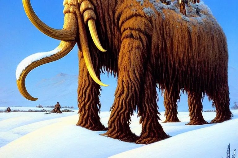 Prompt: classic oil painting, a mammoth that has many wooden arrows sticking out of it, as a dnd character, in the snowy tundra, highly detailed, digital illustration, concept art, smooth, sharp focus, art by greg hildebrandt, and tim hildebrandt