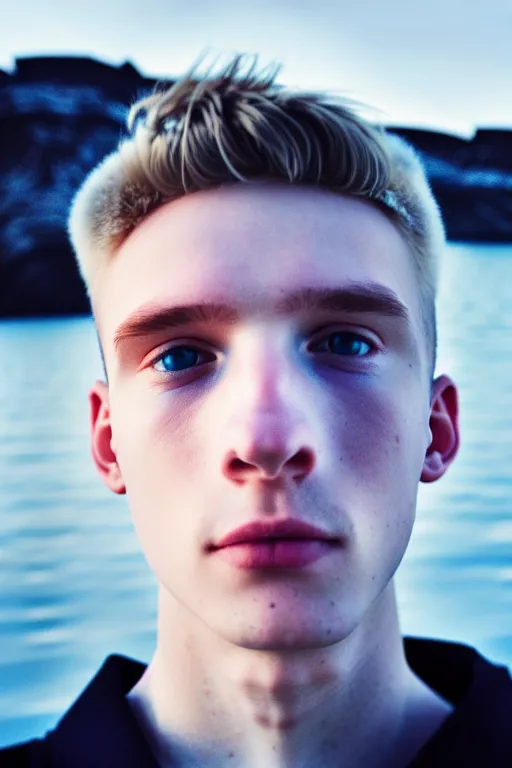 Image similar to high quality pastel coloured film mid angle selfie photograph of a beautiful young 2 0 year old male, soft features, standing in an icelandic black rock environment. atmospheric. three point light. photographic. art directed. ( pastel colours ). volumetric light. stark. waves glitch. 8 k. filmic.