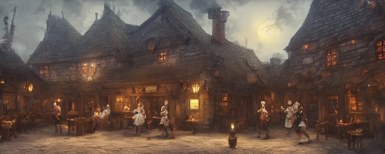 Image similar to tavern bard infront of tiny, medieval era tavern with exotic dancers, exterior, two stories, vaporwave aesthetics, 8 k uhd, unreal engine, octane render in the artstyle of finnian macmanus, john park and greg rutkowski