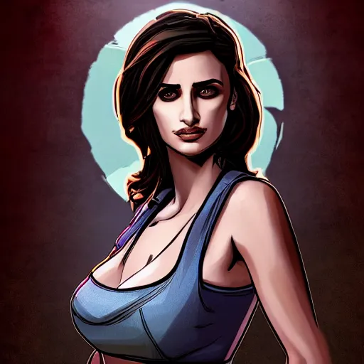 Image similar to penelope cruz portrait, borderlands, tales from the borderlands, the wolf among us, comic, cinematic lighting, studio quality, 8 k