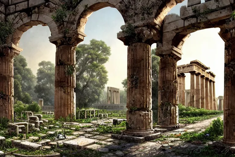 Image similar to tree growing in ancient greek ruins, gray wasteland, many scrap cars, trash, rubble, overgrown, pillars and arches, flowers, vines, hyperrealistic, highly detailed, cinematic, single ray of golden sunlight, beautiful, cgssociety, artstation, 8 k, oil painting by greg rutkowski, by artgerm, by wlop