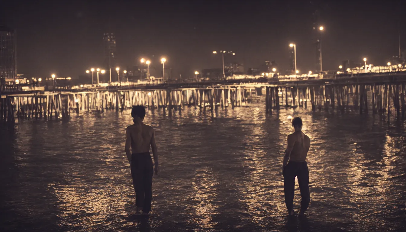 Image similar to 80s asian neon movie still with a lone man levitating over a pier by the river at night with city lights behind his back. Fallen angels movie still. hyperrealistic, photorealistic, high definition, medium format photography, highly detailed, tehnicolor, anamorphic 50mm lens