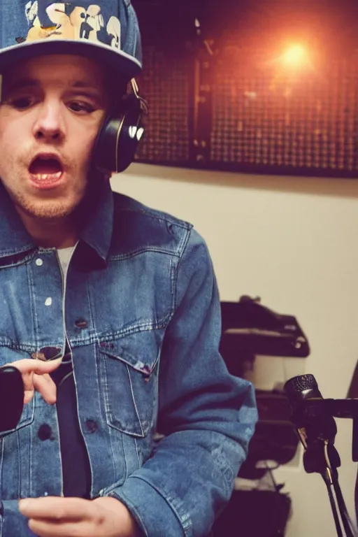 Image similar to Photo of hip hop cow in a denim jacket recording a hit single in the studio