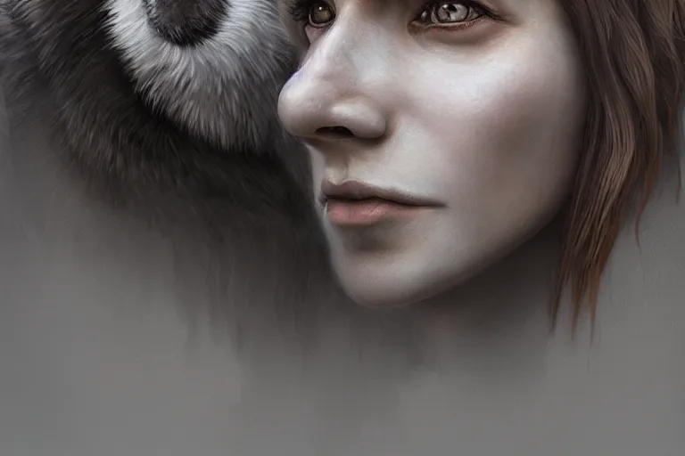 Image similar to woman living with wolves, highly detailed, photorealistic, reflections, smooth, sharp focus, concept art, illustration, beautiful, geometric, trending on artstation, cinematic, featured on behance , artwork by WLOP and Tran, Ross