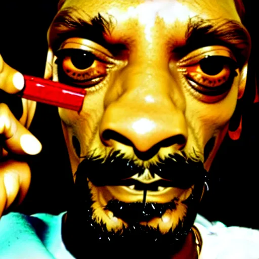 Image similar to Snoop Dog with big eyes eye color red , smiling and holding a joint in his hand