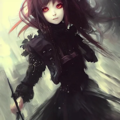 Image similar to full shot potrait of angry anime girl, gothic wearing, detailed, by Stanley Artgerm Lau, WLOP, Rossdraws, James Jean, Andrei Riabovitchev, Marc Simonetti, Yoshitaka Amano, ArtStation, CGSociety,