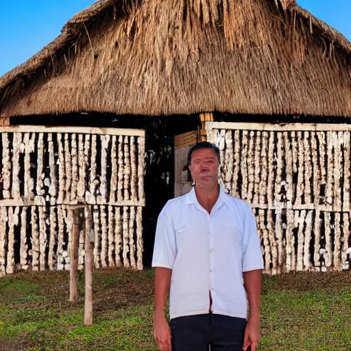 Image similar to a man standing in front of a hut made of skulls, photo, detailed, 4k