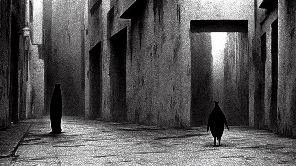 Prompt: a creepy creature walks down the street, film still from the movie directed by Martin Scorsese with art direction by Zdzisław Beksiński