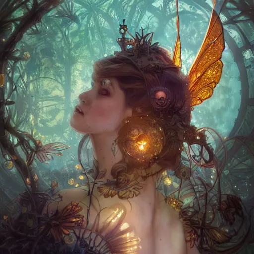 Image similar to ultra realistic illustration of steampunk magical fairy, forest, fantasy, lenses, colorful lights, intricate, elegant, highly detailed, digital painting, artstation, concept art, smooth, sharp focus, illustration, art by artgerm and greg rutkowski and alphonse mucha