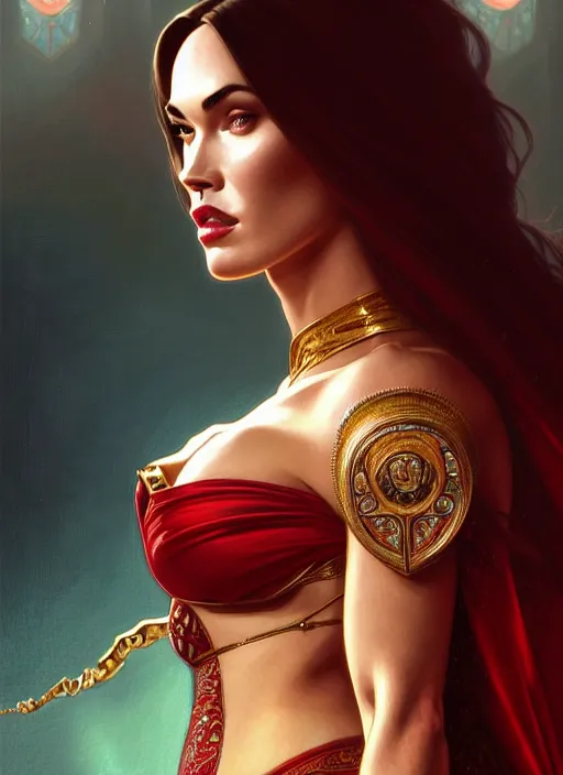 Image similar to portrait of megan fox as a queen, throne, jewelry, greek, ruby, intricate, headshot, highly detailed, digital painting, artstation, concept art, sharp focus, cinematic lighting, illustration, art by artgerm and greg rutkowski, alphonse mucha, cgsociety