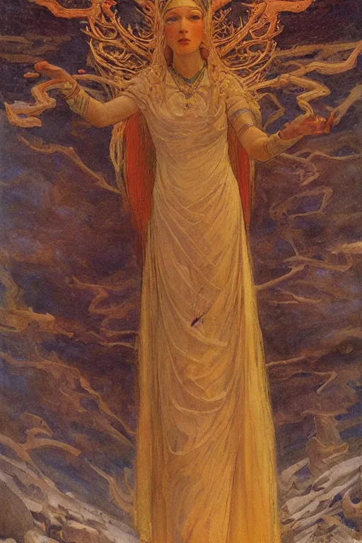 Prompt: goddess of the frozen earth, by Annie Swynnerton and Nicholas Roerich and jean delville, dramatic cinematic lighting , ornate headdress , flowing robes, lost civilizations, smooth, sharp focus, extremely detailed