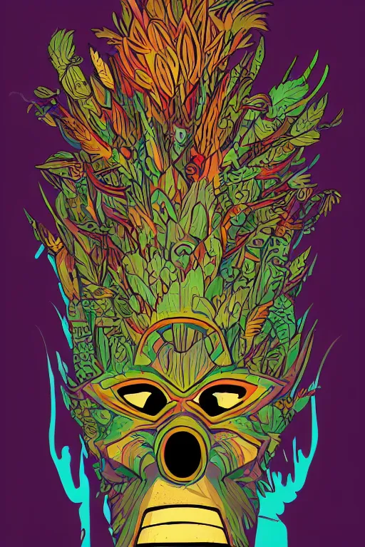 Image similar to animal mask totem roots flower tribal feather gemstone plant wood rock shaman vodoo video game vector cutout illustration vivid multicolor borderlands comics by josan gonzales and dan mumford radiating a glowing aura