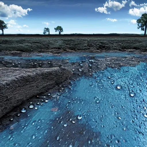 Prompt: water dripping up from a river, blue sunny sky, desolate land, hyper detailed photorealistic