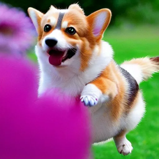 Image similar to corgi flying around flowers as a bee, cute, happy, realistic, sparkling petals, action shot