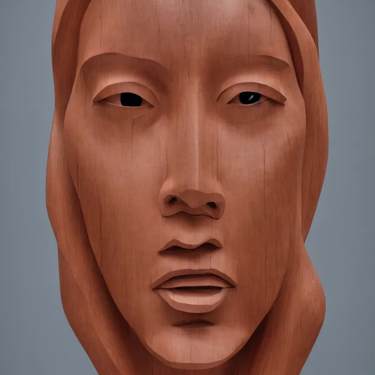 Prompt: enormous geometric minimalist accurate standing figurative sculpture of park shin - hye, beautiful symmetrical!! face accurate face detailed face realistic proportions, hand - carved out of mahogany wood on a pedestal by stephan balkenhol and martin puryear, cinematic lighting shocking detail 8 k