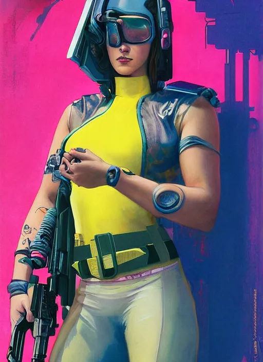 Prompt: beautiful cyberpunk female athlete wearing pink jumpsuit and pointing a yellow belt fed pistol. advertisement for pistol. cyberpunk ad poster by james gurney, azamat khairov, and alphonso mucha. artstationhq. gorgeous face. painting with vivid color, cell shading. buy now! ( rb 6 s, cyberpunk 2 0 7 7 )