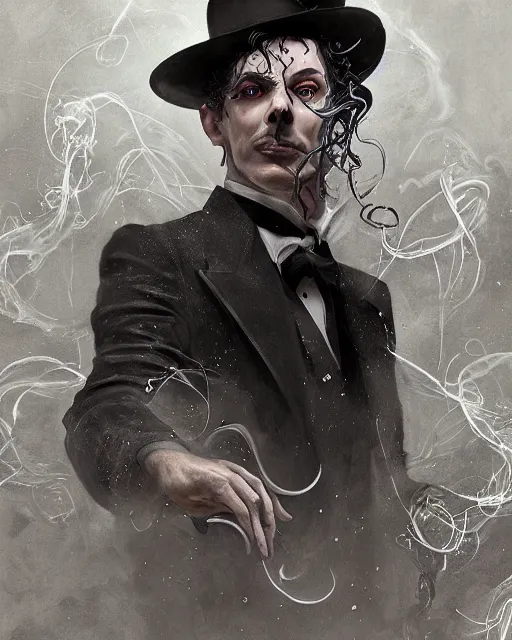 Image similar to a highly detailed portrait of devious male magician radiating a powerful energy aura, back tuxedo, wispy tendrils of smoke, intricate, digital painting, old english, raining, sepia, particles floating, whimsical background by marc simonetti, artwork by ramond swanland and liam wong