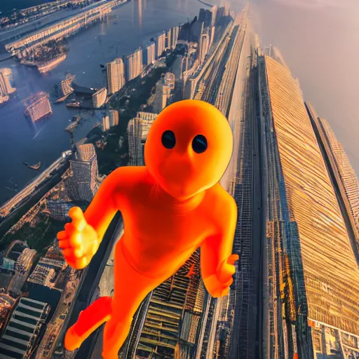 Prompt: photo of a giant orange colored glowing transparent humanoid of one thousand feet of height