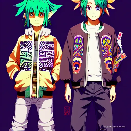 Image similar to majora majora's mask wearing oversized mayan bomber jacket with overalls, bulky poofy bomber jacket with mayan patterns, aztec street fashion, genshin impact art style, gapmoe yandere grimdark, trending on pixiv fanbox, painted by greg rutkowski makoto shinkai takashi takeuchi studio ghibli, akihiko yoshida