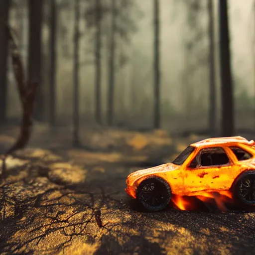 Image similar to macro photography of a toy hot wheels car driving through a forest fire, 3 5 mm