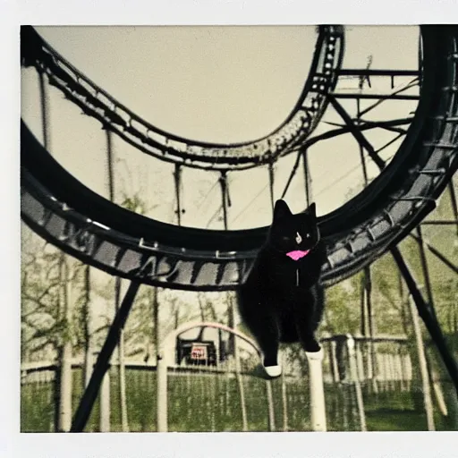 Image similar to black cat in a rollercoaster. the cat looks happy. sunny landscape. polaroid photo. tri color.