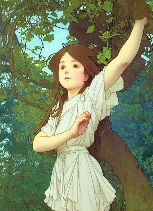 Image similar to young girl with long hair wearing shorts and a t - shirt, climbing a tree, path traced, highly detailed, high quality, digital painting, by studio ghibli and alphonse mucha, leesha hannigan, hidari, art nouveau, chiho aoshima, jules bastien - lepage