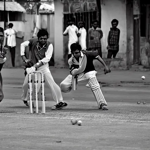 Image similar to four tamil friends playing a game of cricket, on an indian street, award winning image, national geographic, dslr image, black and white