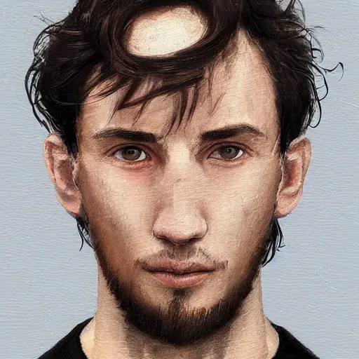 Image similar to Portrait of a man by Greg Rutkowski, he is about 20 years old, mixture between french and spanish, short brown hair with bangs, manly, attractive, wide forehead, sturdy, he is horrified but resigned looking at the computer screen knowing the schedule for the second semester, he is wearing a black t-shirt, highly detailed portrait, dystopian, digital painting, artstation, concept art, smooth, sharp foccus ilustration, Artstation HQ