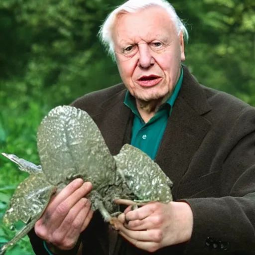 Image similar to Sir David Attenborough holding Mothman