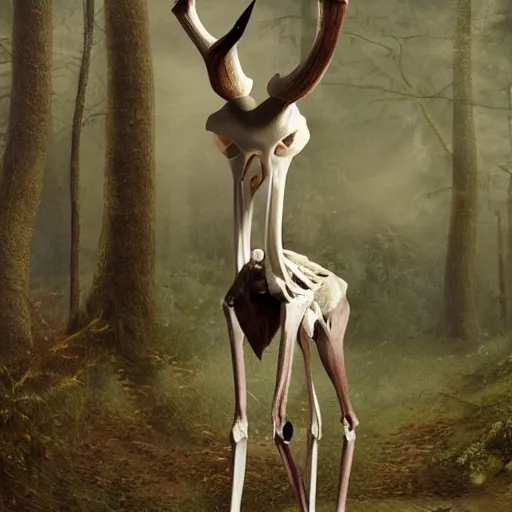 Image similar to a slender bipedal creature with a deer skull for a head and antlers