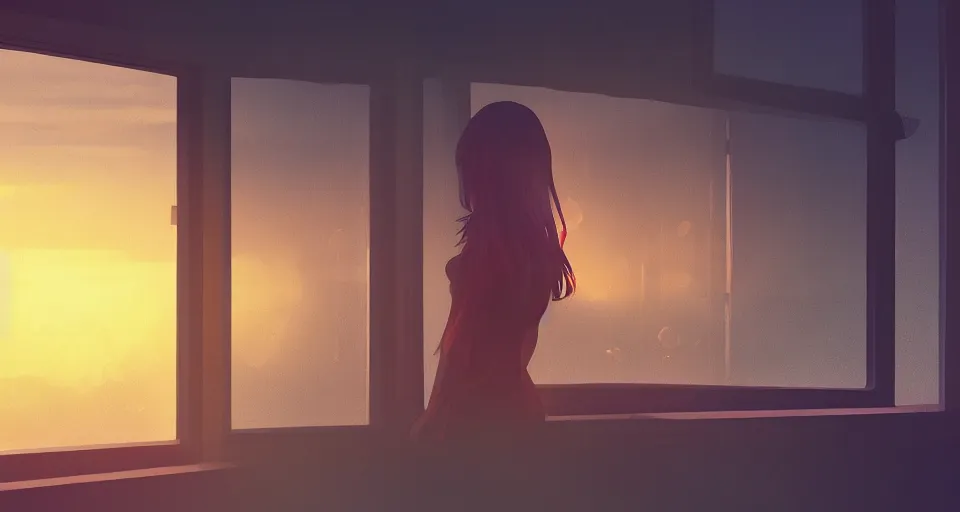 Image similar to hyperdetailed picture of a girl on the window pane watching the sunset in the twilight, volumetric lighting, oil, glowing lights, 4k, octane, digital painting, pixiv, by Aenami