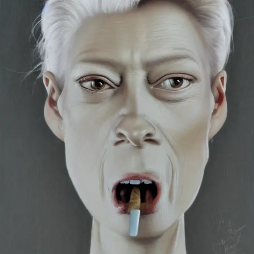 Image similar to caricature of tilda swinton smoking a cigar, realistic oil painting by david levine, trending on art station, 4K