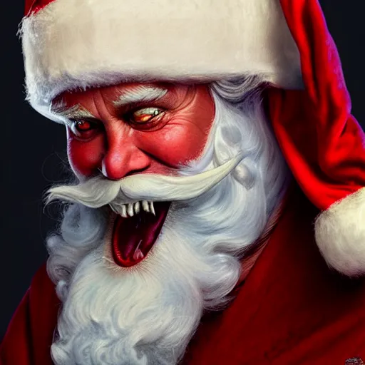 Image similar to frontal upper view of evil santa claus, serious expression, cream colored clothes robe, no red in clothes, red grinning mouth, cream colored background, fine art, award winning, intricate, elegant, sharp focus, cinematic lighting, digital painting, 8 k concept art, by michael hussar and greg manchess and brom and z. w. gu, 8 k