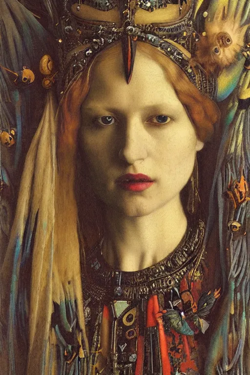 Image similar to portrait of the queen of crows, by Donato Giancola and John Bauer and Vermeer, embroidered velvet, iridescent beetles, rich color, ornate headdress, flowing robes, sacred artifacts, lost civilizations,featured on Artstation, cgisociety, unreal engine, extremely detailed