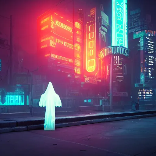 Prompt: Halloween ghost under a sheet, floating ghost, cigarette smoke, floating over futuristic metropolis sidewalk, at night, bright neon city lights, blade runner, trending on artstation, matte finish, volumetric lighting, 8k, 4k