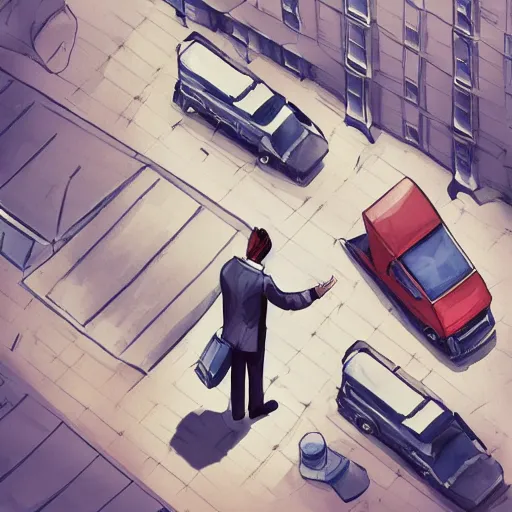 Prompt: a man wearing a scarf and an open suit holding two suitcases high up on a rope between two buildings, top view, cars and trucks and buses below, illustration, digital painting, cartoon, artstation, behance, deviantart