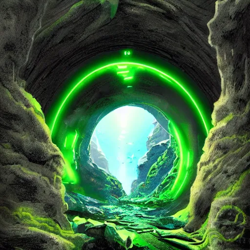 Prompt: a scary glowing green scifi portal to another world in darwin's arch in the galapagos islands, ocean and rock landscape, science fiction, intricate, elegant, highly detailed, digital painting, artstation, concept art, matte, sharp focus, illustration, in an anime style