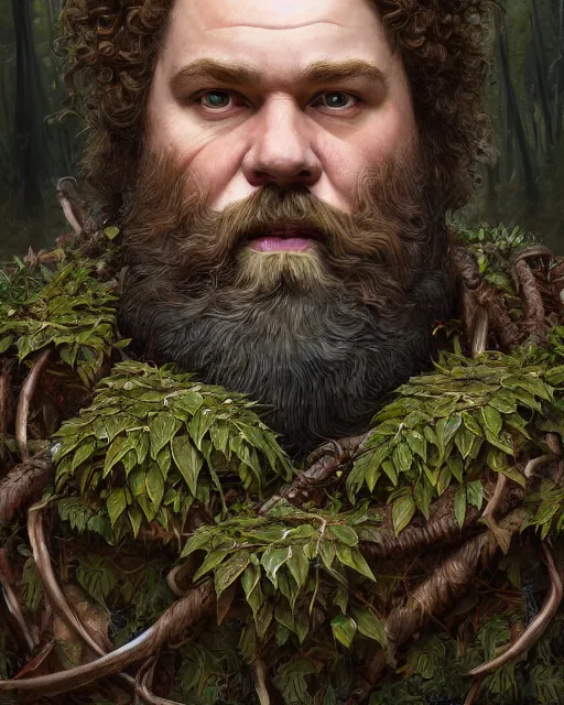 Image similar to patrick rothfuss as a forest druid with ram horns and leaves in his beard | highly detailed | very intricate | symmetrical | cinematic lighting | award - winning | closeup portrait | painted by donato giancola and mandy jurgens and magali villenueve | featured on artstation, promotional still