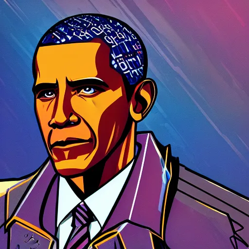 Image similar to cyberpunk barack obama as the leader of a futuristic communist nation, cybernetics, sharp lines, digital, artstation, colored in