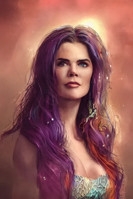 Image similar to mix of beautiful young maria shriver, mariel hemmingway, brooke shields, nicole kidman and elle macpherson as a mermaid, thin lips, hair tied up in a pony tail, dark hair, colorful, artstation, cgsociety