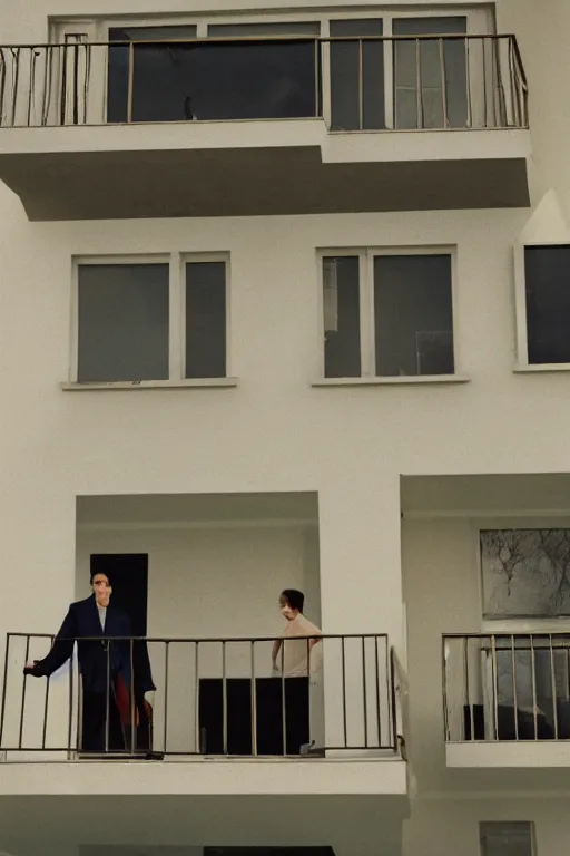 Prompt: A government man from Half-life stands on the balcony of a two-story panel house and watches