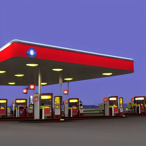 Image similar to a gas station at nighttime, screenshot, extreme long shot, cold lighting, Vaporware style