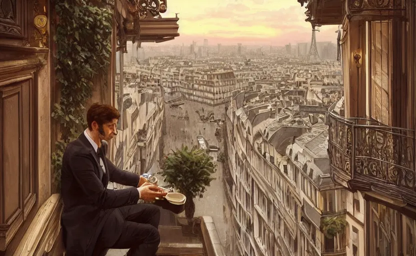 Prompt: elegant man drinking coffee at balcony in paris, city seen behind, moody sunset, intricate, elegant, highly detailed, digital painting, artstation, concept art, matte, sharp focus, illustration, art by artgerm and greg rutkowski and alphonse mucha, 4 k, smooth,